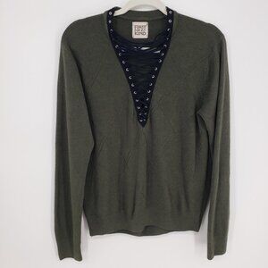 LF Furst of a Kind Lace Up Plunge Neck Sweater M Womens Upcycle Olive Green